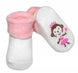 Ponožky kojenecké froté protiskluzové - ZVÍŘÁTKO bílé s růžovou