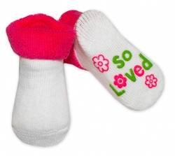 Ponožky kojenecké froté protiskluzové - SO LOVED bílé s malinou 