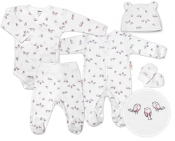 Baby Nellys 5-dílná soupravička do porodnice Ptáčci - ecru/růžová, vel. 68