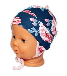 Baby Nellys Bavlněná čepička s oušky na zavazování - Růže, pudrová/granát