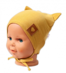 Baby Nellys Bavlněná dvouvrstvá čepice s oušky na zavazování FOX - hořčicová