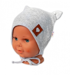 Baby Nellys Bavlněná dvouvrstvá čepice s oušky na zavazování FOX - šedý melírek