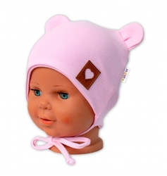 Baby Nellys Bavlněná dvouvrstvá čepice s oušky na zavazování TEDDY - růžová