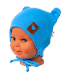 Baby Nellys Bavlněná dvouvrstvá čepice s oušky na zavazování TEDDY - modrá
