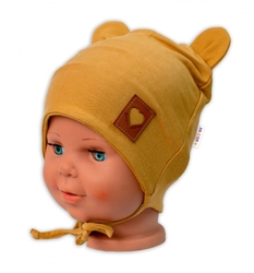 Baby Nellys Bavlněná dvouvrstvá čepice s oušky na zavazování TEDDY - hořčicová