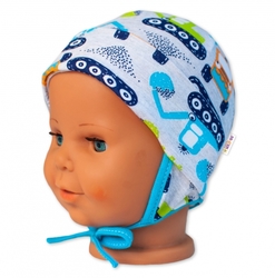 Baby Nellys Bavlněná čepička s oušky na zavazování - Bagr, šedá