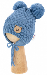 Zimní pletená čepice Teddy Bear na zavazování, modrá, 68/80, (6-12m)