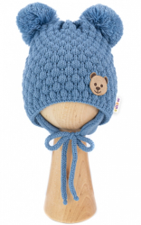 Zimní pletená čepice Teddy Bear na zavazování, modrá, 68/80, (6-12m)