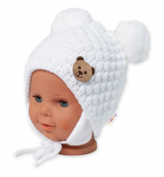 Zimní pletená čepice Teddy Bear na zavazování, bílá/smetanová, 68/80, (6-12m),Baby Nellys