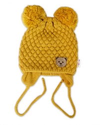 BABY NELLYS Zimní pletená čepice Teddy Bear na zavazování, hořčicová