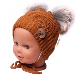 Dětská zimní čepice s fleecem Teddy Bear - chlupáčk. bambulky - hnědá, šedá, BABY NELLYS