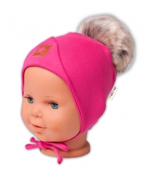Baby Nellys Bavlněná dvouvrstvá čepice s bambulí na zavazování Star - růžová