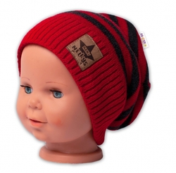 BABY NELLYS Podzimní/zimní proužkovaná čepice - červená/grafit