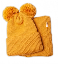 BABY NELLYS Zimní pletená čepice + nákrčník - hořčicová s bambulkami