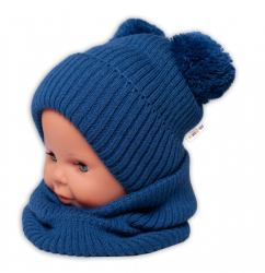 BABY NELLYS Zimní pletená čepice + nákrčník - granát s bambulkami