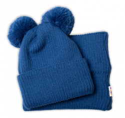 BABY NELLYS Zimní pletená čepice + nákrčník - granát s bambulkami