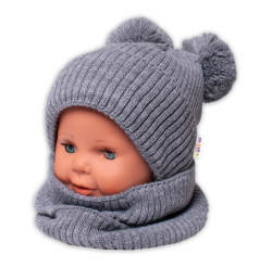 BABY NELLYS Zimní pletená čepice + nákrčník - šedá s bambulkami