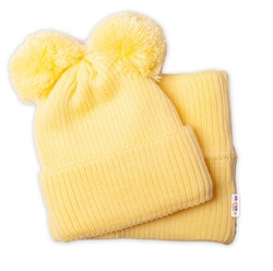 BABY NELLYS Zimní pletená čepice + nákrčník - žlutá s bambulkami