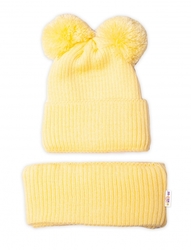 BABY NELLYS Zimní pletená čepice + nákrčník - žlutá s bambulkami