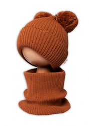 BABY NELLYS Zimní pletená čepice + nákrčník - hnědá s bambulkami