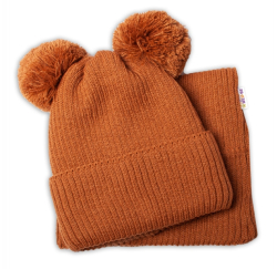 BABY NELLYS Zimní pletená čepice + nákrčník - hnědá s bambulkami