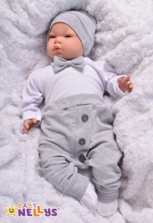 Baby Nellys 3-dílná sada Hubert, body s motýlkem  dl.rukáv, tepláčky a čepička - šedý