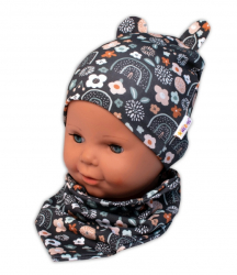 Baby Nellys Dvouvrstvá čepice s oušky + šátek Palouček, grafit