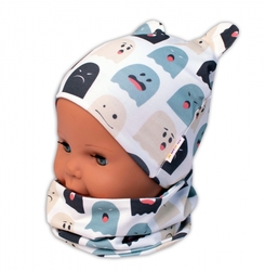 Baby Nellys Dvouvrstvá čepice s oušky + komínek Příšerky, bílá/mátová
