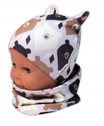 Baby Nellys Dvouvrstvá čepice s oušky + komínek Medvědi, hnědá/smetanová