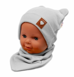 Žebrovaná dvouvrstvá čepice s oušky + šátek TEDDY - šedá