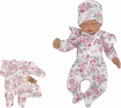 Z&Z 2-dílná soupravička overálek se šlapkama + čepička, Růže bílá, růžová