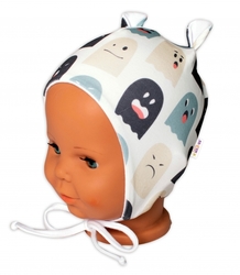 Baby Nellys Kojenecká čepička s oušky na zavazování - Příšerky, bílá/mátová