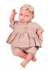 Baby Nellys 3-dílná mušelínová soupravička, tunika/halenka, kraťasky, čelenka, béžová