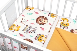 Baby Nellys 3-dílná sada Mantinel s povlečením-Ježek a Liška, bílá s potiskem/hořčicová