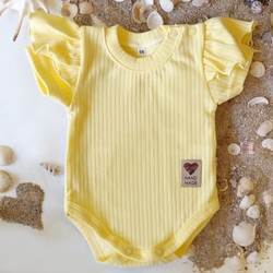 Baby Nellys Bavlněné žebrované body s volánkem, kr. rukáv, Summer Girl - žluté