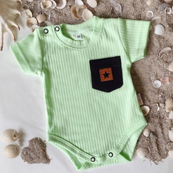 Baby Nellys Bavlněné žebrované body s kapsičkou, kr. rukáv, Summer Boy - zelené