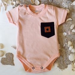Baby Nellys Bavlněné žebrované body s kapsičkou, kr. rukáv, Summer Boy - meruňkové