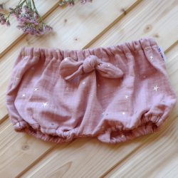 Baby Nellys Mušelínové letní kraťasky Stars s mašličkou, pudrové, vel. 92/98