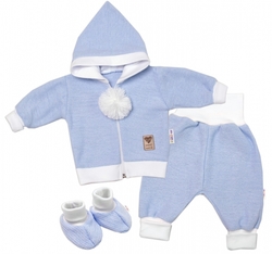 Baby Nellys 3-dílná souprava Hand made, pletený kabátek, kalhoty a botičky, modrá