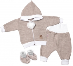 Baby Nellys 3-dílná souprava Hand made, pletený kabátek, kalhoty a botičky, béžová