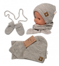 Baby Nellys Pletená čepice s šálou a rukavičky 3v1, STAR - béžová