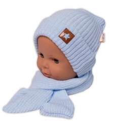 Baby Nellys Pletená čepice s šálou a rukavičky 3v1, STAR - sv. modrá