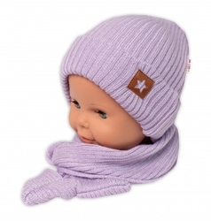 Baby Nellys Pletená čepice s šálou a rukavičky 3v1, STAR - fialová