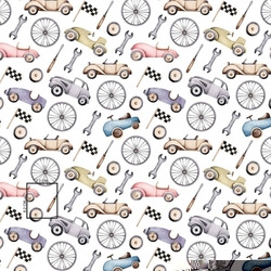 Plena bavlna potisk TETRA PREMIUM - RETRO CARS na bílém - 70x80cm