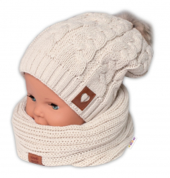 BABY NELLYS Zimní dvouvrstvá čepice s bambulí + komínek Love, béžová