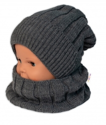 Dětská zimní nadčasová čepice + komínek , tm. šedá, BABY NELLYS