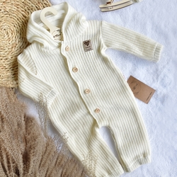 Baby Nellys Pletený overálek s kapucí a knoflíčky Hand Made, ecru