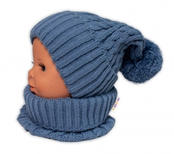 Zimní čepice s bambulí + komínek Baby Nellys - modrá, jeans, vel. 48-52cm