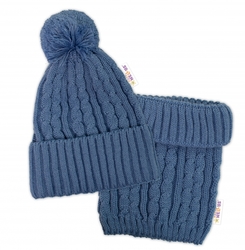 Zimní čepice s bambulí + komínek Baby Nellys - modrá, jeans, vel. 48-52cm