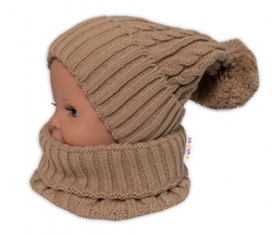 Zimní čepice s bambulí + komínek Baby Nellys - béžová, vel. 48-52cm